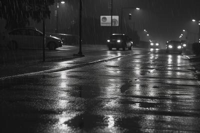 Сильный дождь в городе ночью чёрно-белое фото | Премиум Фото