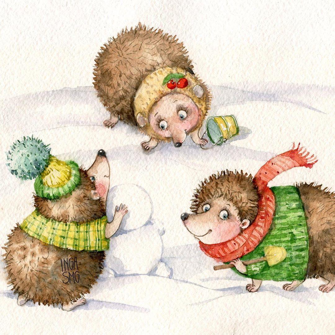 Вы думаете ежики зимой спят? Спят конечно, но в снах своих они очень любят  снежную зиму. #ежик #зима #снеговик #открытк… | Art dolls, Happy hedgehog,  Christmas art