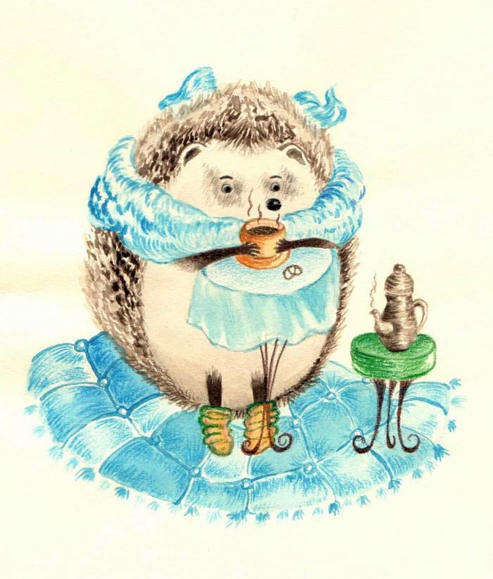 Иллюстрация Ежик зимой пьет чай в стиле другое | Illustrators.ru