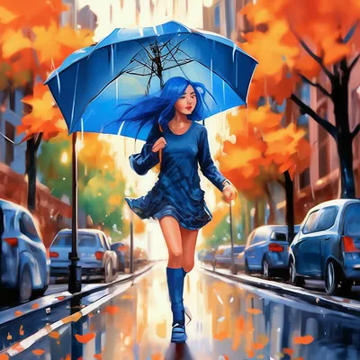 Девушка смеется под дождем. Сильный дождь, девушка держит зонтик. Девушка в  легком платье, весело смеется. Падают осенние листья. Осень, осенний дождь  Stock Photo | Adobe Stock