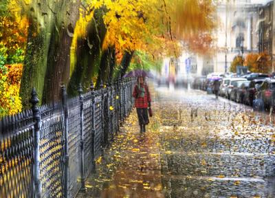 Обои осень, город, улица, дождь, девушка, зонтик на рабочий стол