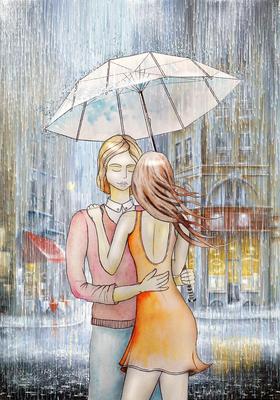 Фото Влюбленные стоят под дождем