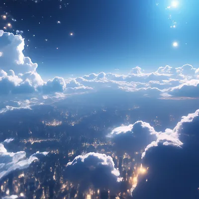 Ясное небо с ярким солнцем и лучи в атмосфере, ниже светлые пушистые облака  Стоковое Изображение - изображение насчитывающей высоко, облака: 155430369