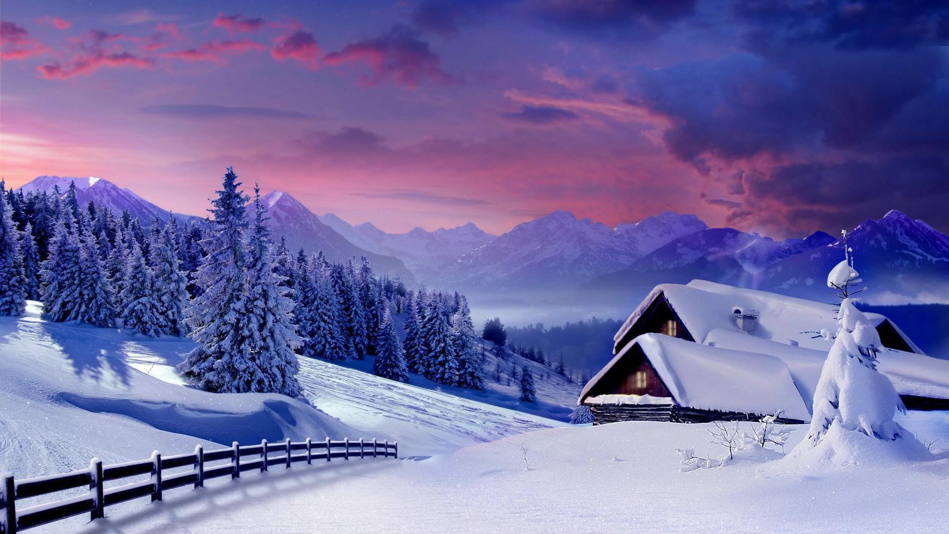Картинки дом, избушка, снег, зима, елки, лес, сугробы, горы, облака, забор.  - обои 1920x1080, картинка №68008