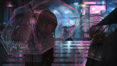 Обои девушка, зонт, аниме, дождь, улица, ночь картинки на рабочий стол,  фото скачать бесплатно