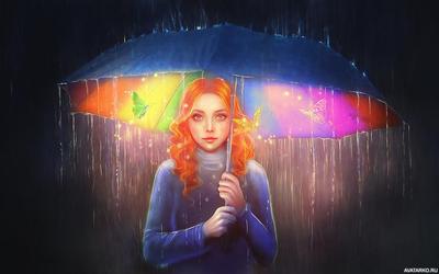 Рыжая девушка под зонтом, который светится изнутри и привлекает бабочек —  Картинки для аватарки