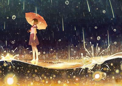 Босая девушка стоит под дождём с зонтом — Рисунки на аву