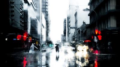 Скачать обои дорога, город, дождь, один, человек, зонт, арт, раздел  настроения в разрешении 640x960