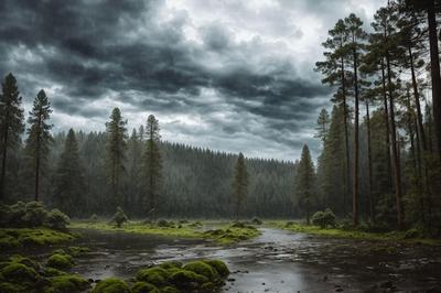 Сильный дождь в лесу | Премиум Фото