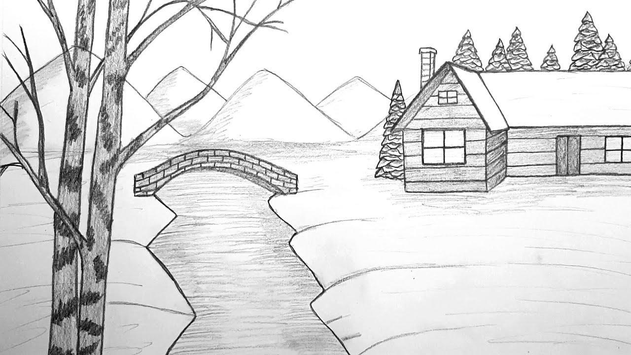 Как нарисовать Зимний Пейзаж | Простой рисунок пейзаж карандашом | Kolay  karakalem manzara çizimleri - YouTube