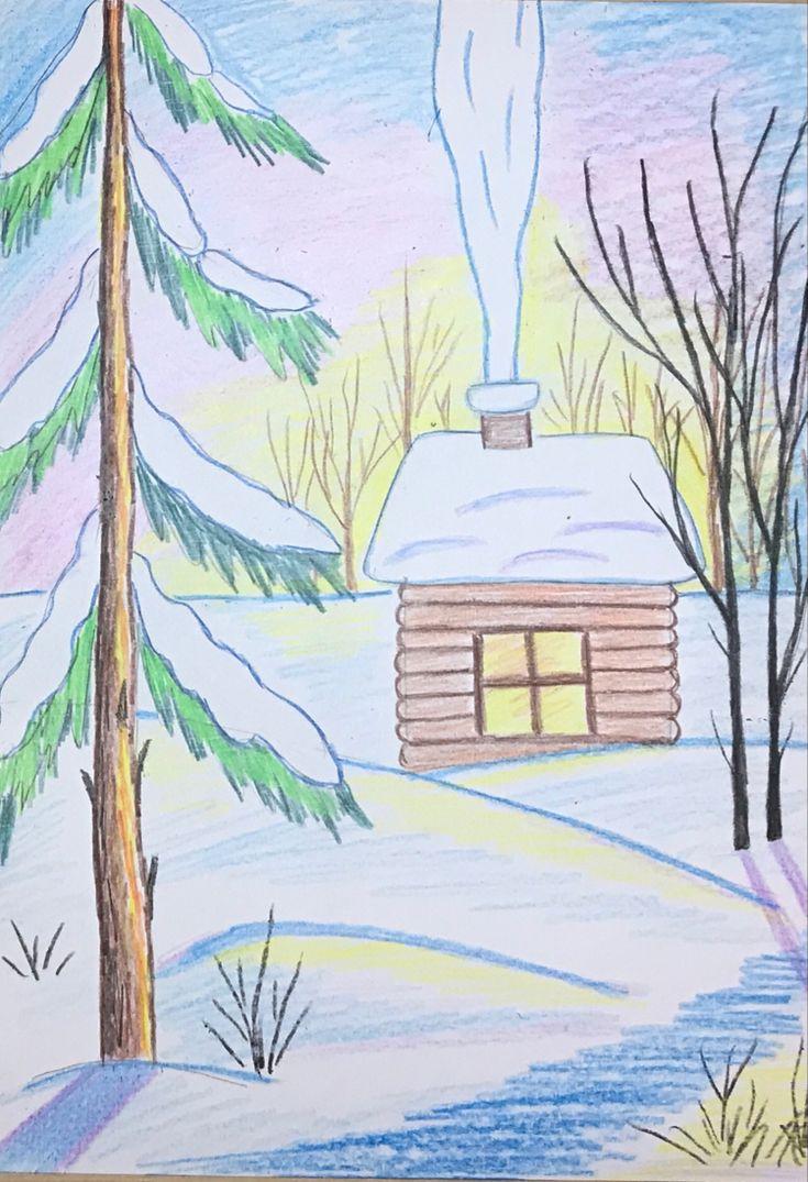 Зимний пейзаж рисунок для детей простой легкий | Расписанные холсты,  Пейзажи, Рисунок