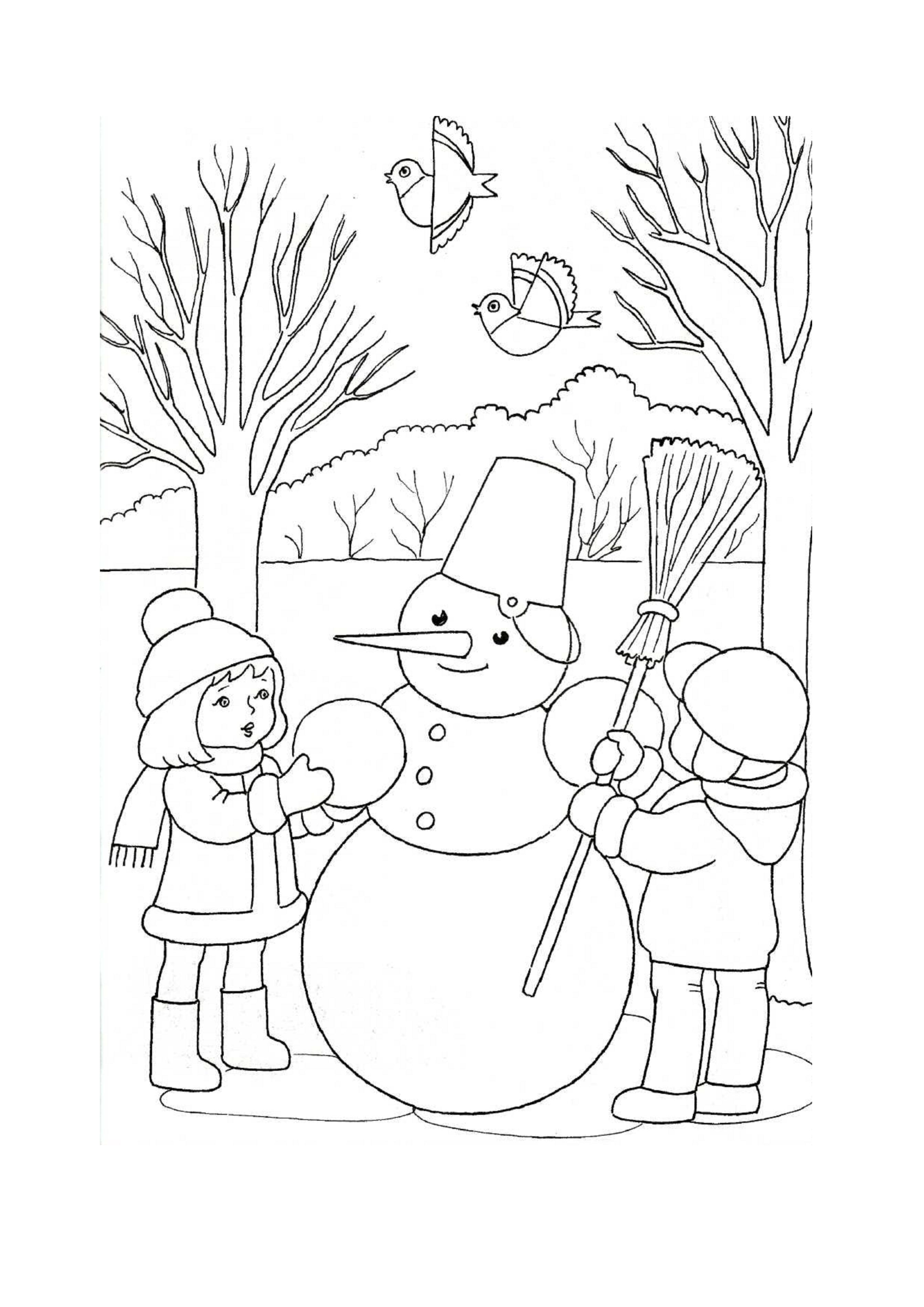 Дети лепят снеговика Зимние рисунки раскраски