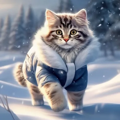 Пушистый кот, гуляет по снегу зимой…» — создано в Шедевруме