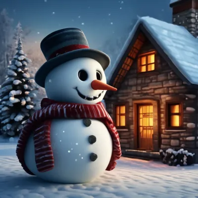 Вид в профиль снеговик, дом, зимний…» — создано в Шедевруме