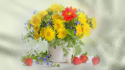Скачать обои лето, цветы, весна, клубника, натюрморт, одуванчики, обои на рабочий  стол, раздел цветы в разрешении 1600x900