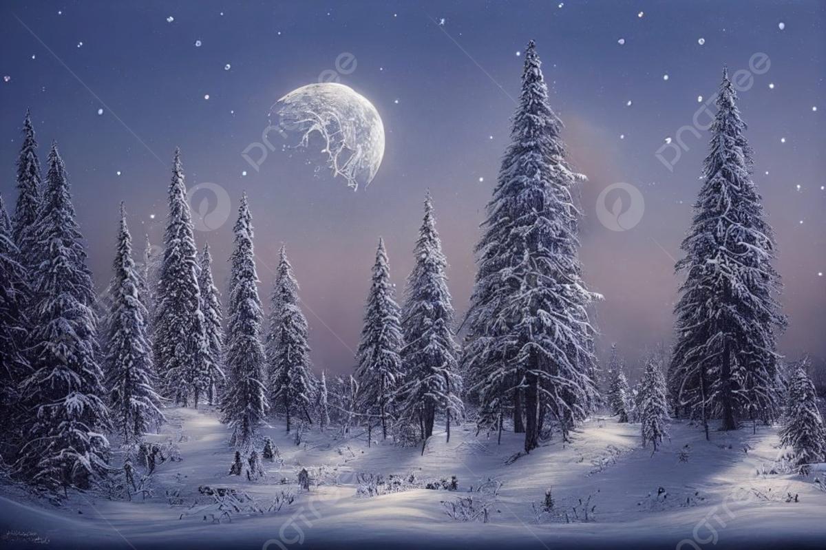рождественский зимний пейзаж с вечнозеленым деревом и снегом ночью с большой  луной северное сияние на ночном небе Фото Фон И картинка для бесплатной  загрузки - Pngtree