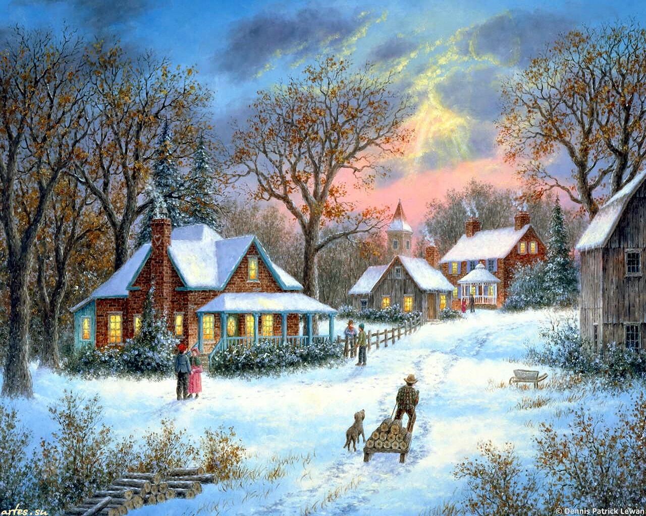 Рождественская ночь зимой в деревне - обои на рабочий стол