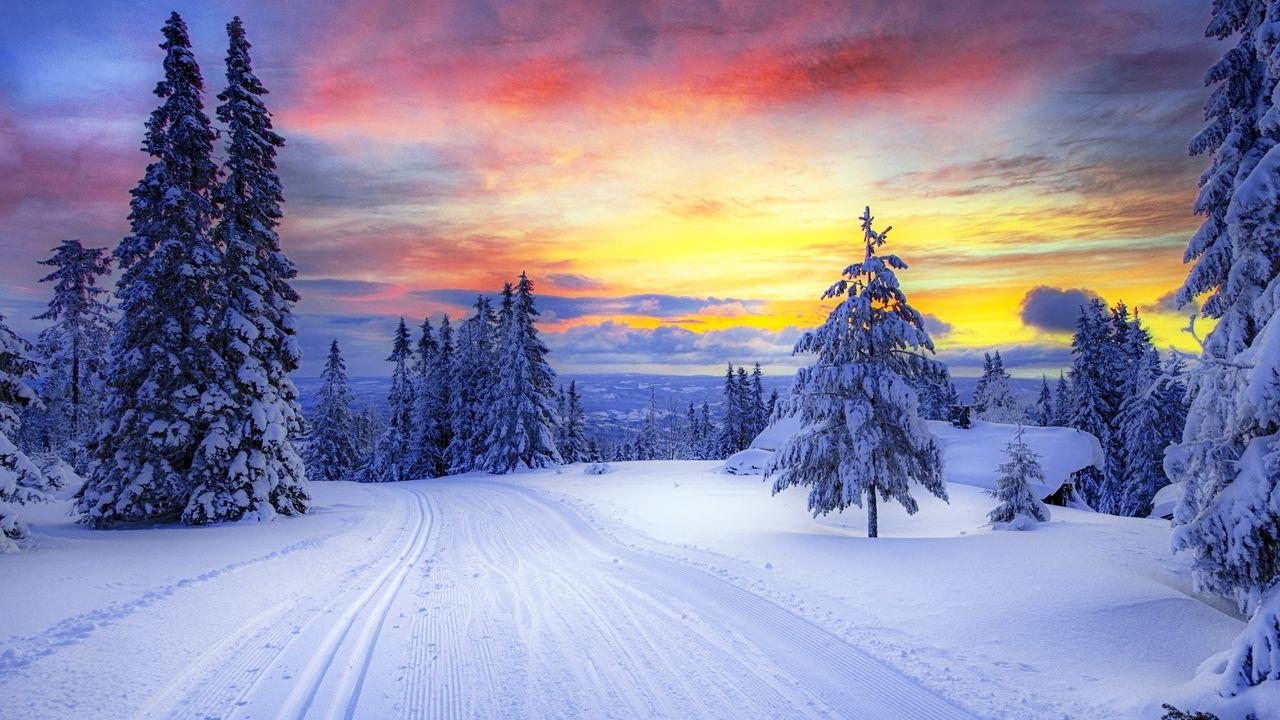 Обои зима, снег, дорога через лес, вечер, закат на рабочий стол