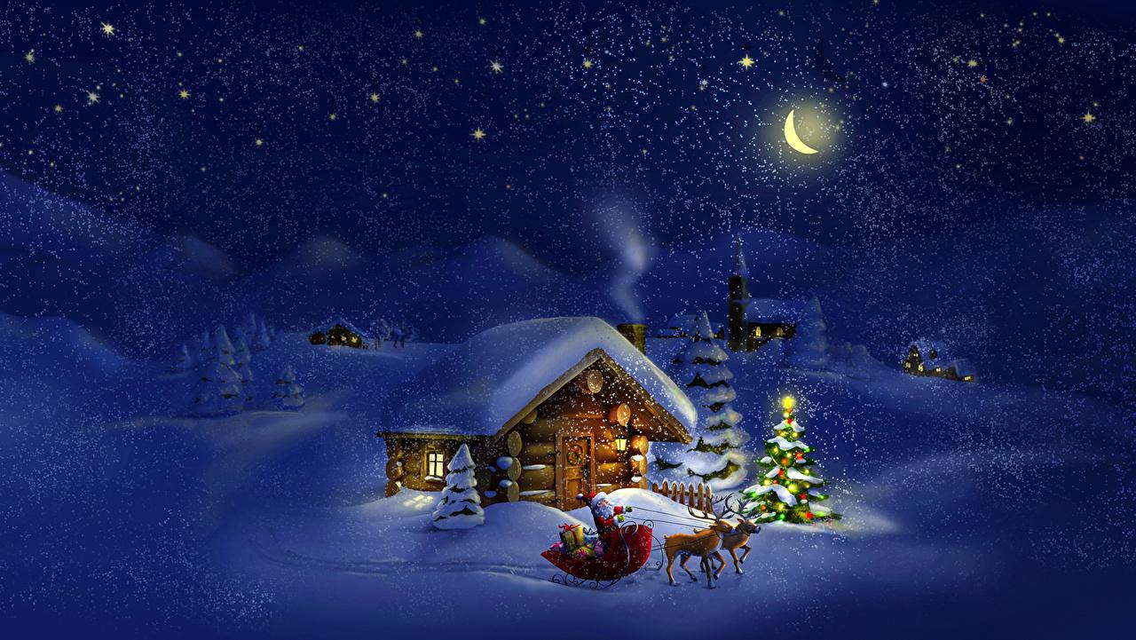 Фото Олени Новый год Зима Елка Природа Дед Мороз Снег Луна Ночь