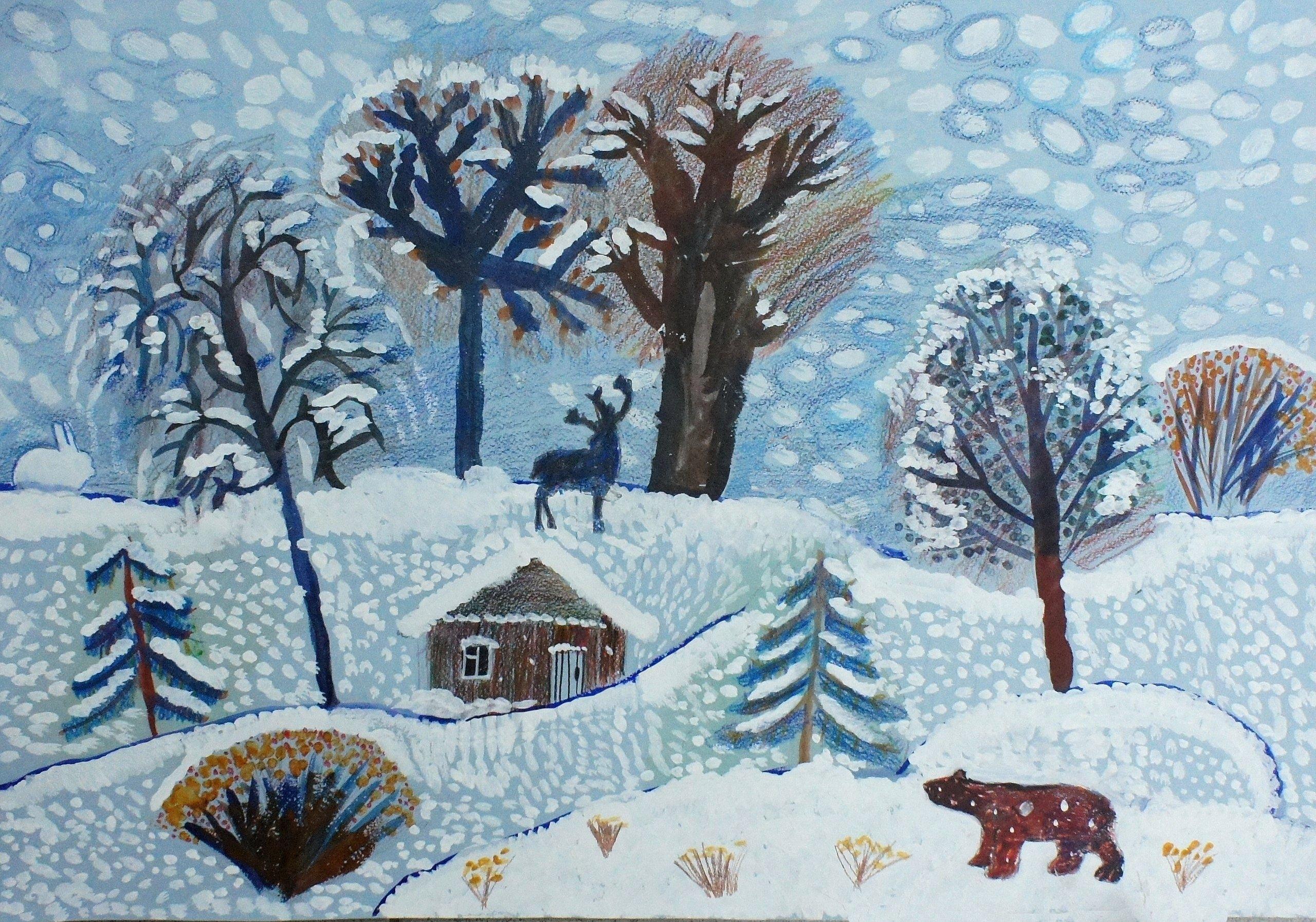 Рисунки природа зимой для детей - 59 фото