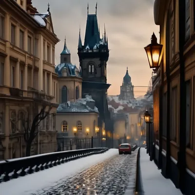 Обои Города Прага (Чехия), обои для рабочего стола, фотографии города, прага  , Чехия, свет, зима, фонари, прага, дома, город, снег, улица Обои для  рабочего стола, скачать обои картинки заставки на рабочий стол.