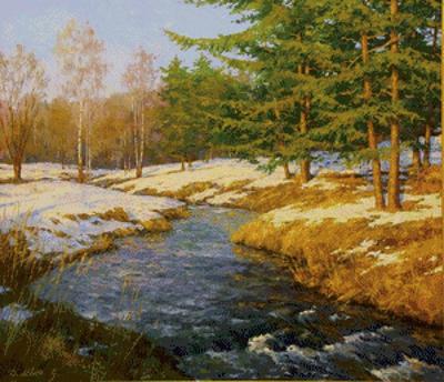 Весенний ручей, Рем Сайфульмулюков- картина, весна, лес, ручей, тает снег,  реализм, пейзаж