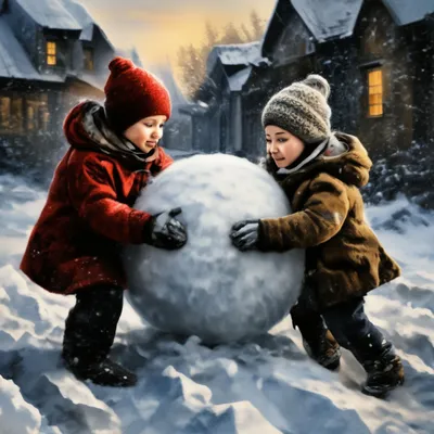 Зима .Дети катают большой снежный …» — создано в Шедевруме