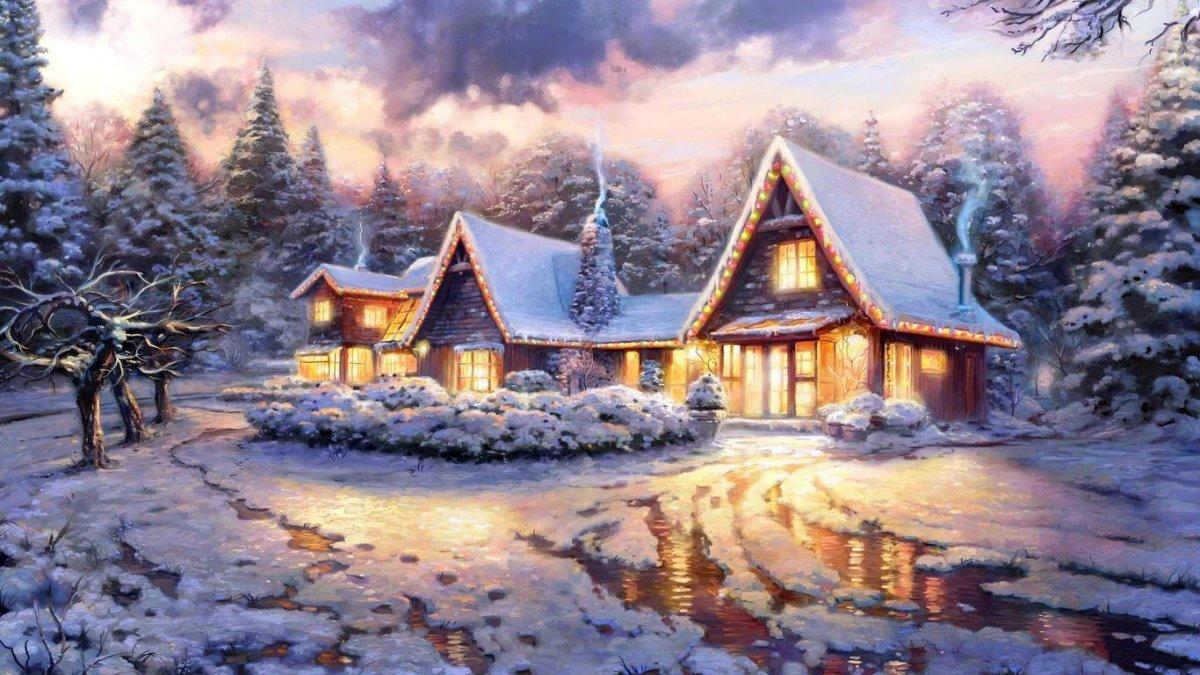 Иллюстрация Зимний домик в лесу. Птичка Красный кардинал. в стиле