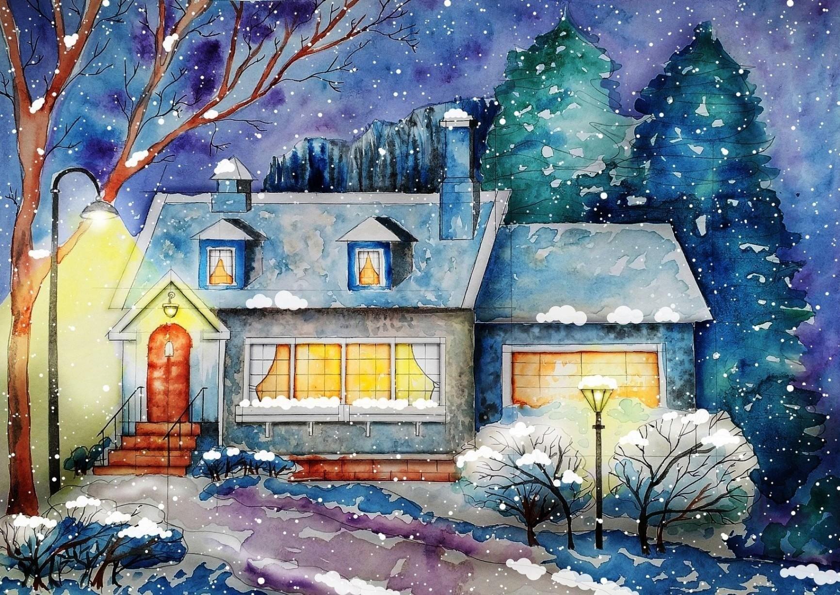 Рисунок зимний домик - 39 фото