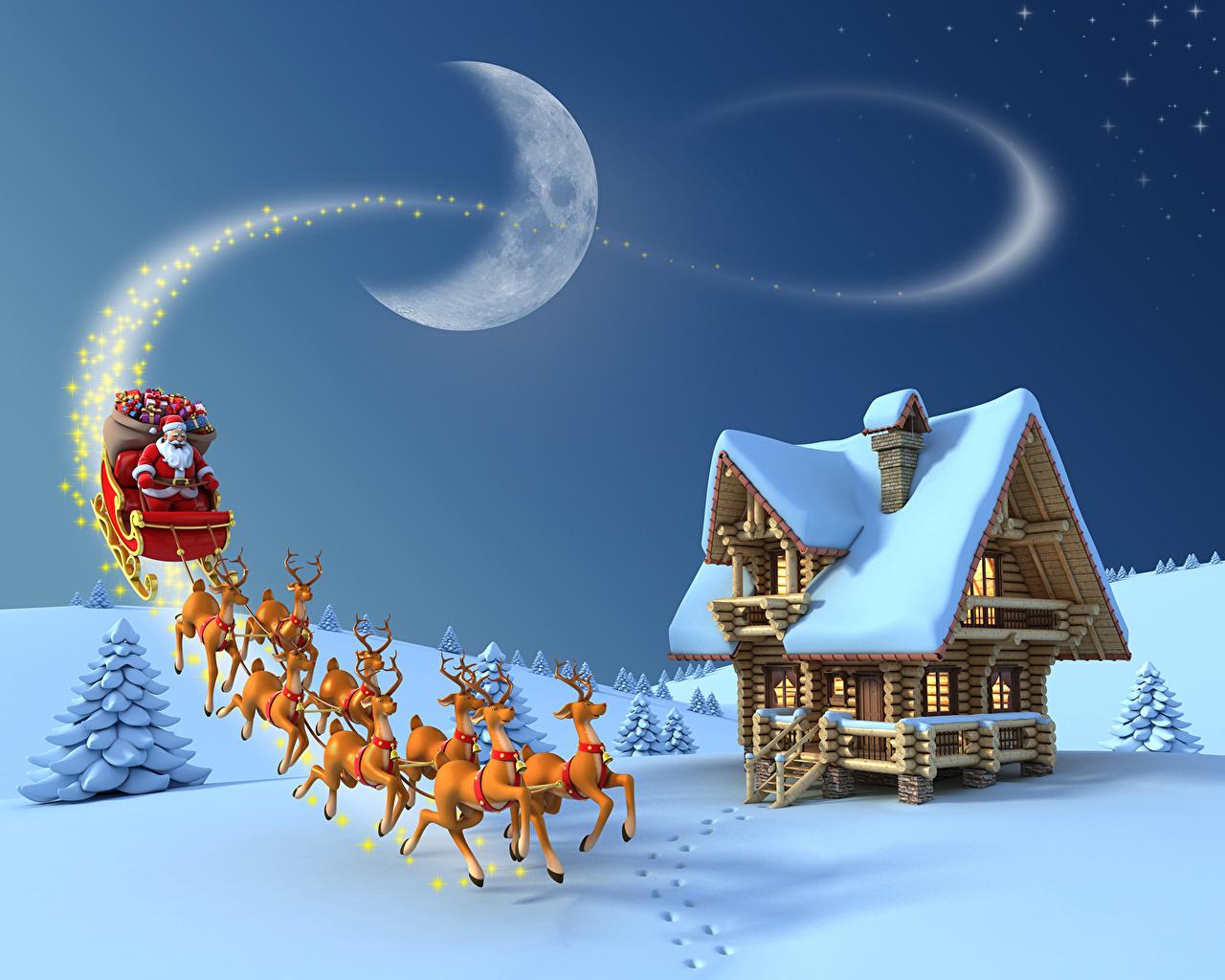 Картинки Олени Рождество санках Зима Природа Санта-Клаус Небо луны