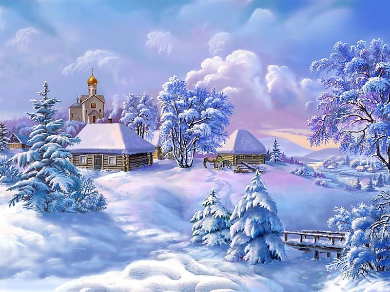 Скачать обои храм, зима, деревня, дома, winter tale разрешение 1920x1080  #127046