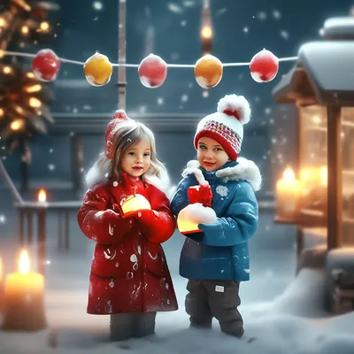 Зима ,снег, ëлка, двое детей …» — создано в Шедевруме