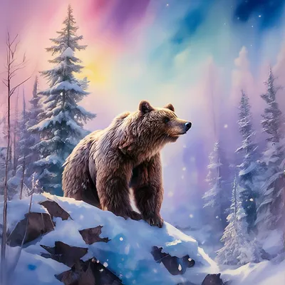 Бурый медведь зимой в тайге, …» — создано в Шедевруме