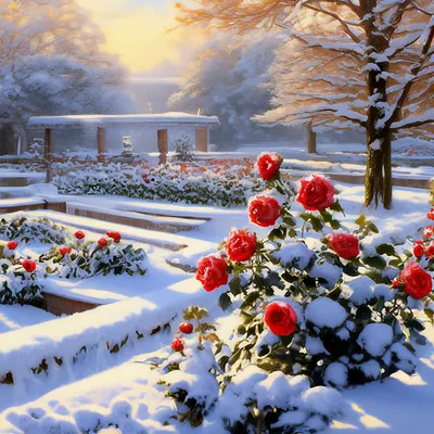 Зимний пейзаж, кусты роз в снегу, …» — создано в Шедевруме