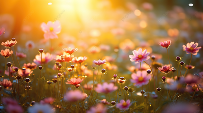 Полевые цветы на рассвете в лучах восходящего солнца. Stock Photo | Adobe  Stock