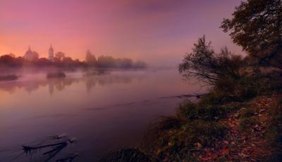 Туманный утренний рассвет закат в луговом поле - онлайн-пазл