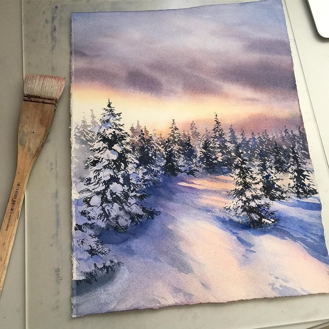 Зимний пейзаж рисунок акварелью - 44 фото
