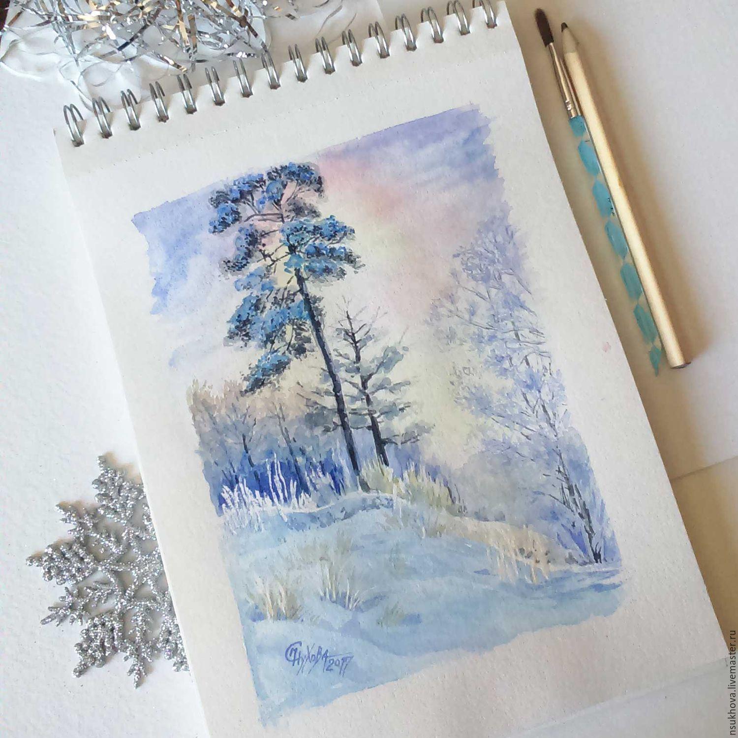 Купить Акварель \"Зимняя тишина\" - голубой, пейзаж акварелью, пейзаж  недорого, зима в лесу, зима | Акварель, Картины, Акварельные иллюстрации