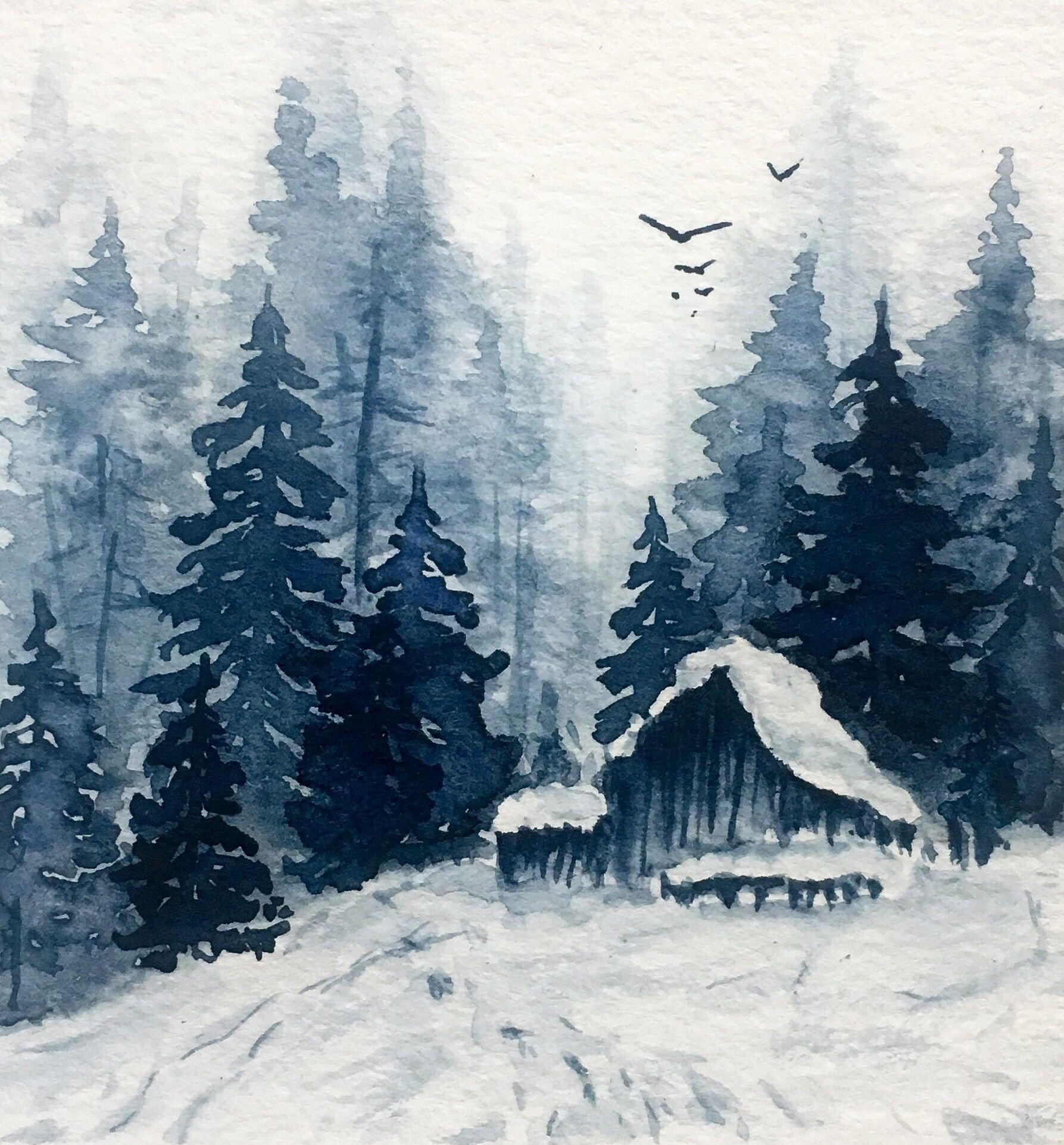 Рисунок акварелью лес зимой - 75 фото