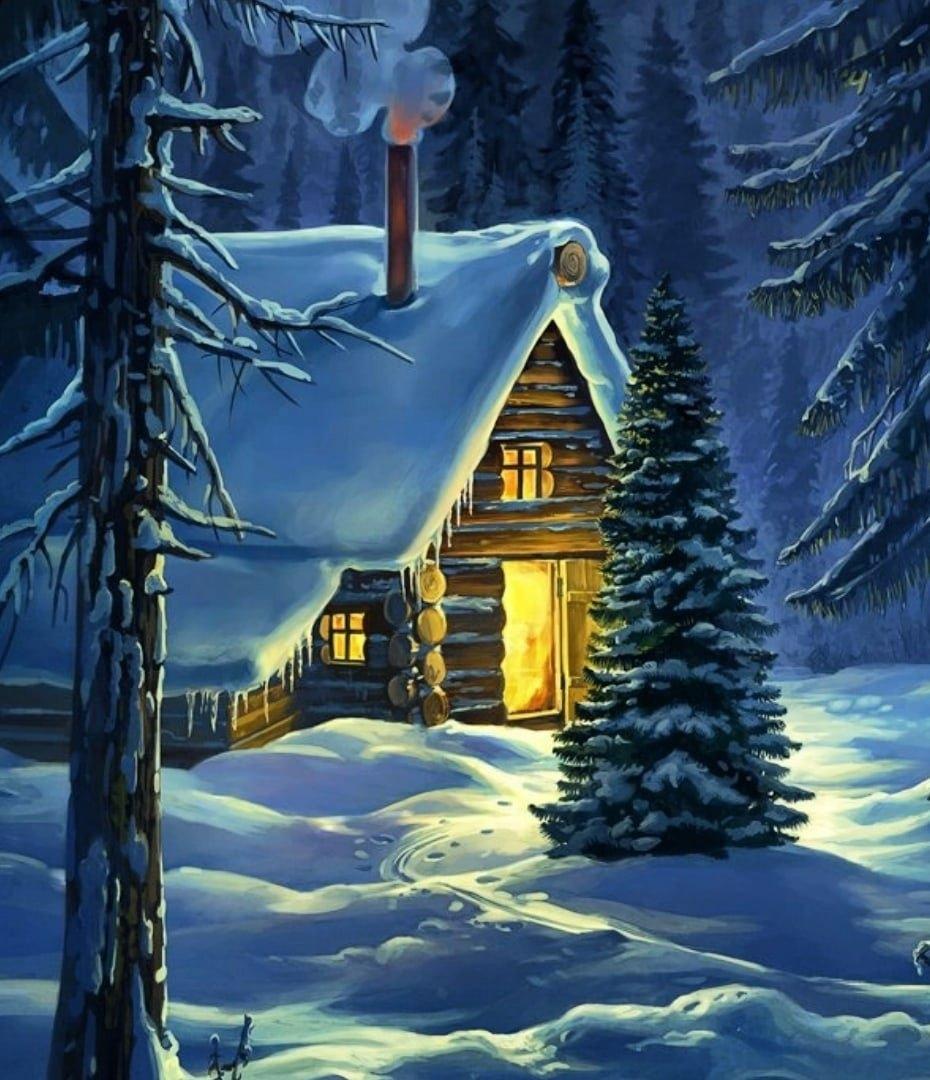Зима домик в лесу картинки