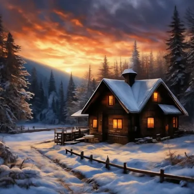 Домик в лесу, зима, закат, снежно…» — создано в Шедевруме