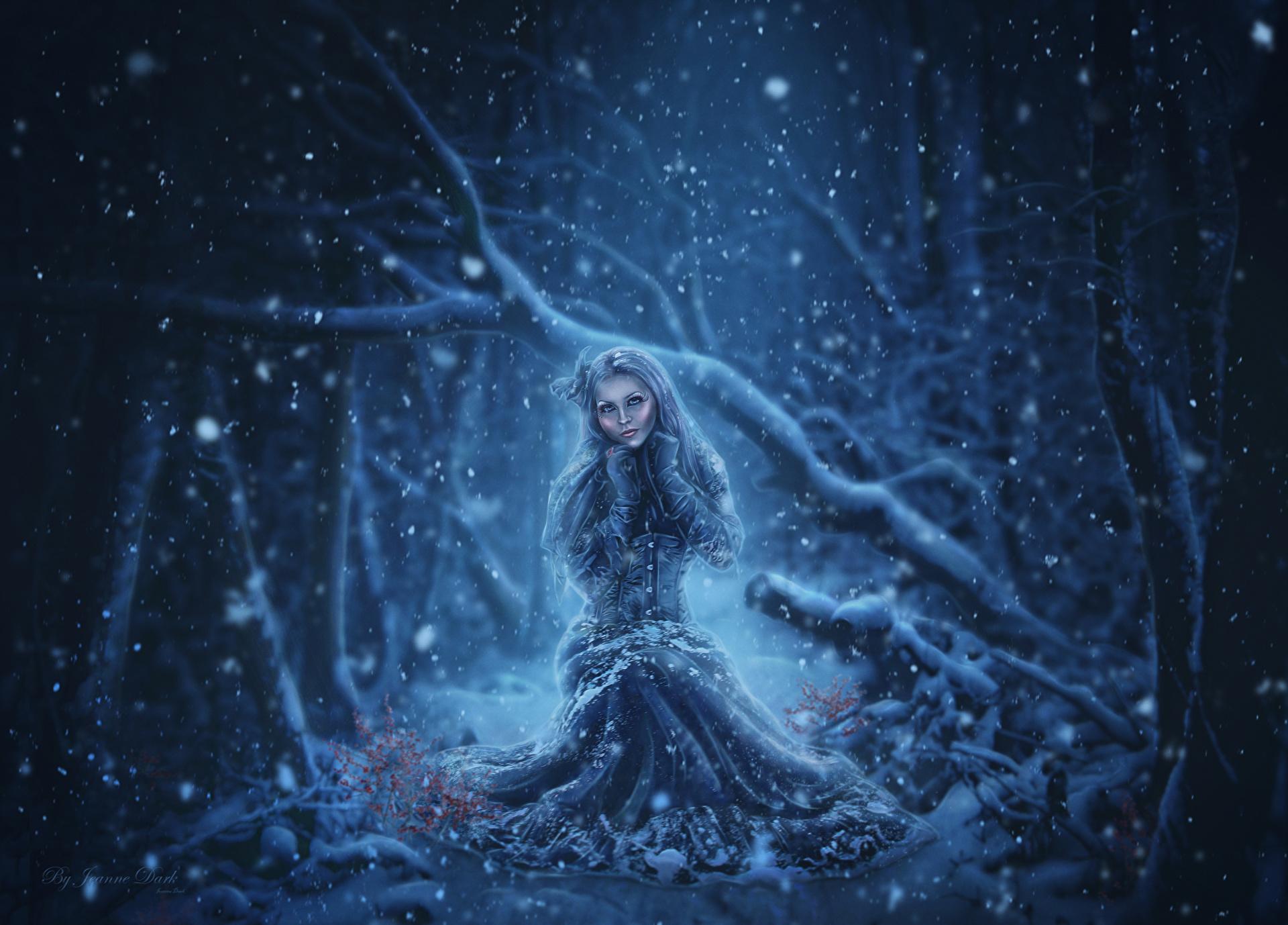 Картинки Зима Фэнтези девушка снежинка Платье 1920x1378