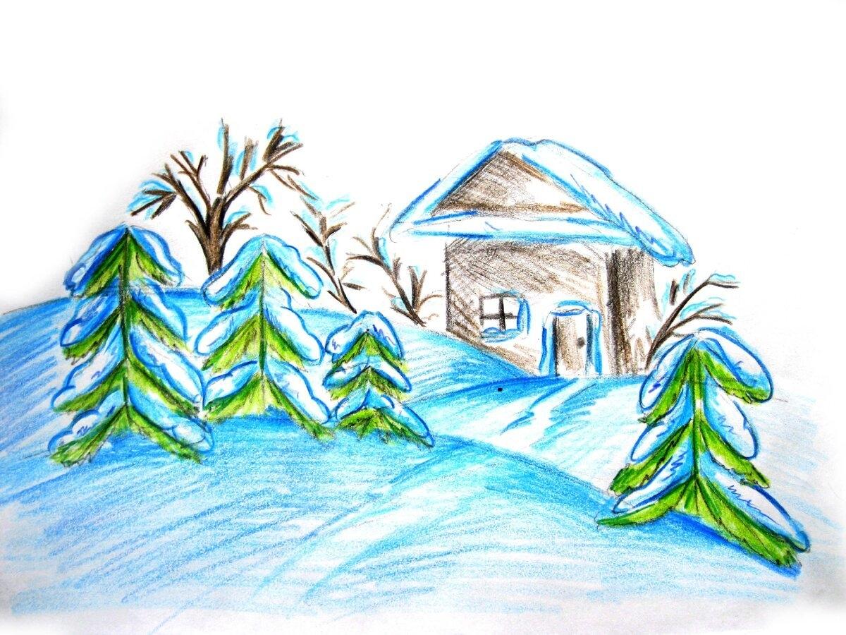 Рисунок акварелью, деревня, зима, …» — создано в Шедевруме
