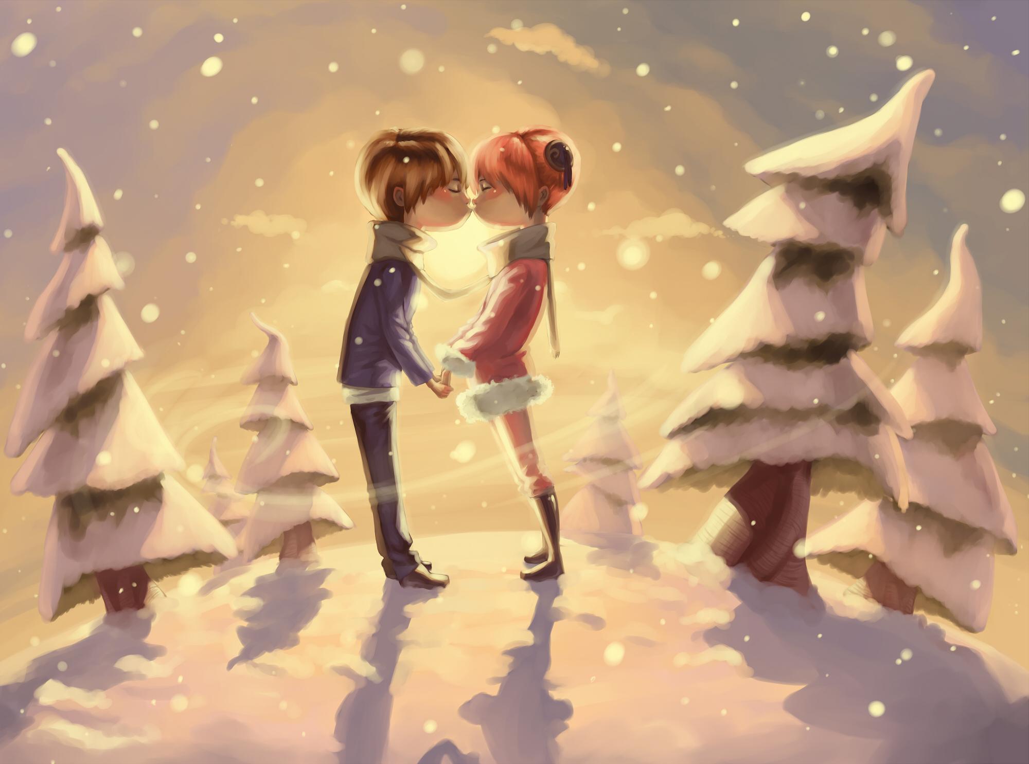 Скачать обои зима, снег, деревья, романтика, поцелуй, пара, раздел  настроения в разрешении 2000x1486