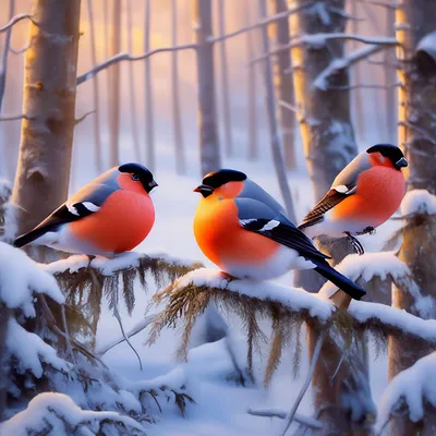 Прекрасные снегири зимой в лесу» — создано в Шедевруме