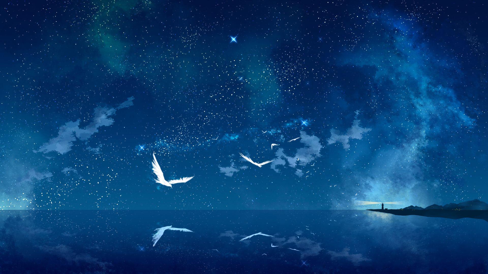 Скачать обои арт, tokumu kyuu, звездное небо, море, маяк, раздел разное в  разрешении 1920x1080 | Живописные пейзажи, Пейзажи, Маяк