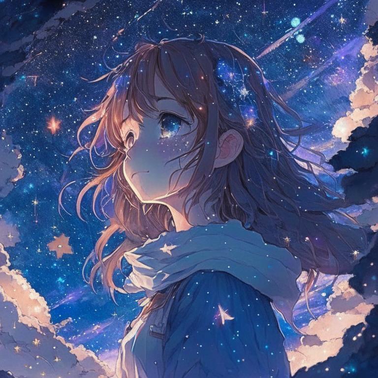 Девушка и звёздное небо в стиле аниме | Пикабу