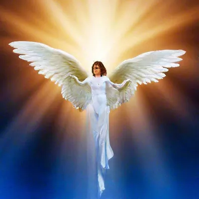 Есть картина ангела с крыльями в небе., величественный ангел в полный рост,  одетый в бело-красную одежду, библейский точный ангел, Arcангел Miguel -  SeaArt AI