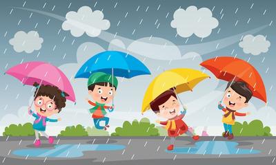 Дети играют под дождем осенью | Премиум векторы