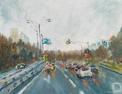 Картина «Дождь в городе» Холст на картоне, Масло 2020 г.